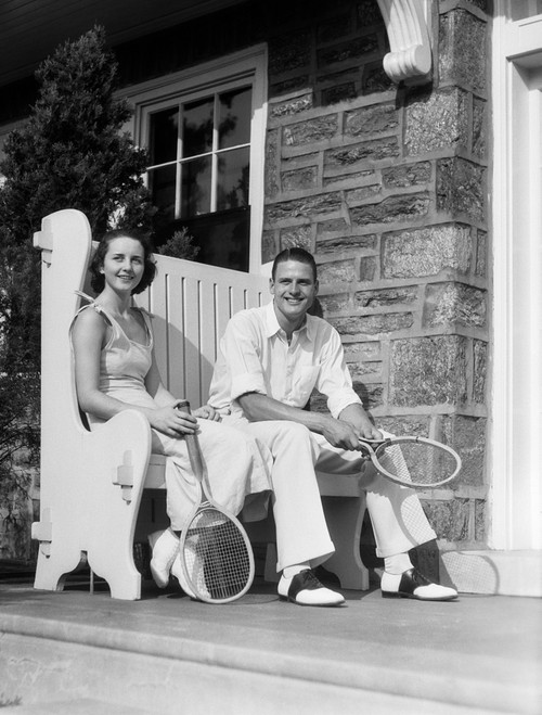 1930s Man And Woman Sitting On Porch Holding Tennis Rackets Smiling Summer Outdoor Print By Vintage Collection - Item # PPI179589LARGE