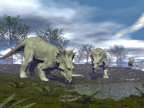 Three Styracosaurus dinosaurs drinking from a nearby lake Poster Print - Item # VARPSTEDV600138P