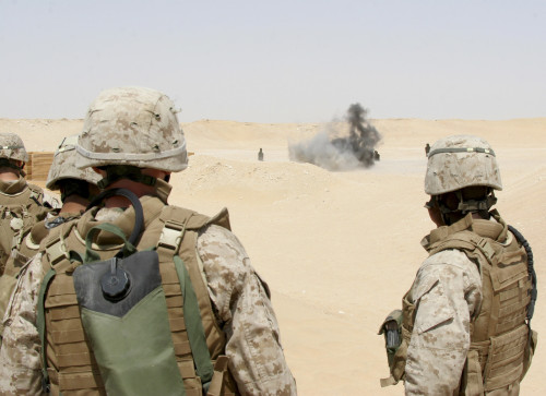 September 14, 2007 - Marines and sailors look on as an explosion goes off during a hand grenade throwing exercise held at range 17G Poster Print - Item # VARPSTSTK102706M