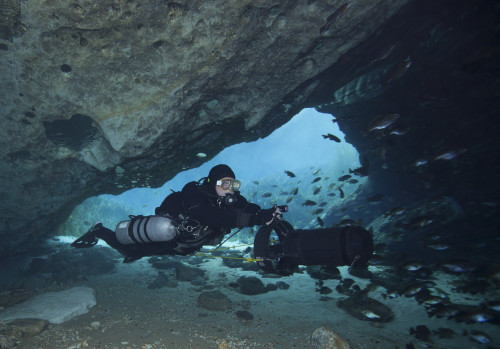 A technical cave diver using a diver propulsion vehicle to dive into the Blue Springs state park cave system near Marianna, Florida. Poster Print - Item # VARPSTWOD400133U