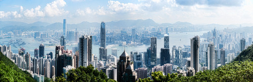 Elevated view of skylines, Hong Kong, China Poster Print