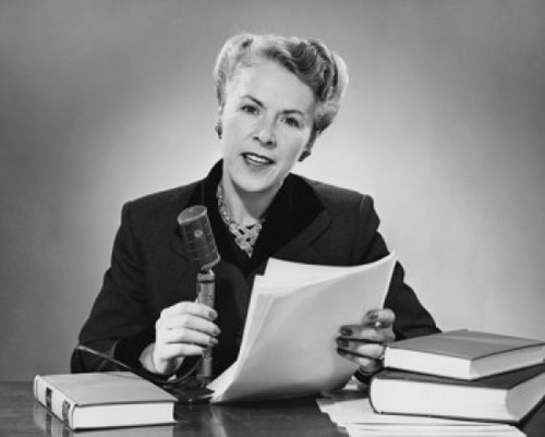 Portrait of a mid adult woman reading a report into a microphone Poster Print - Item # VARSAL255380A