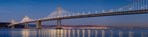 Suspension bridge over Pacific ocean lit up at dusk, Bay Bridge, San Francisco Bay, San Francisco, California, USA Poster Print - Item # VARPPI168481
