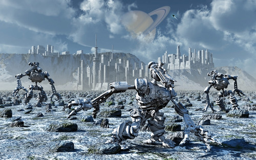 A sci-fi conceptual image of robots gathering rich mineral deposits from the surface of an alien moon Poster Print - Item # VARPSTMAS100458S