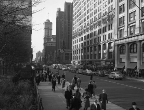 Pedestrians on sidewalk Poster Print