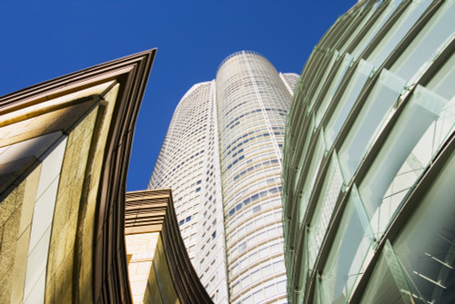 Japan, Roppongi Hills; Tokyo, Upward View Of Mori Tower Framed By Glass And Stone Of Lower Structures PosterPrint - Item # VARDPI1976647