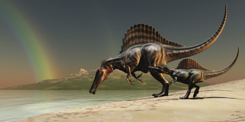 A mother Spinosaurus dinosaur brings her offspring to a lake for a drink of water Poster Print - Item # VARPSTCFR200033P