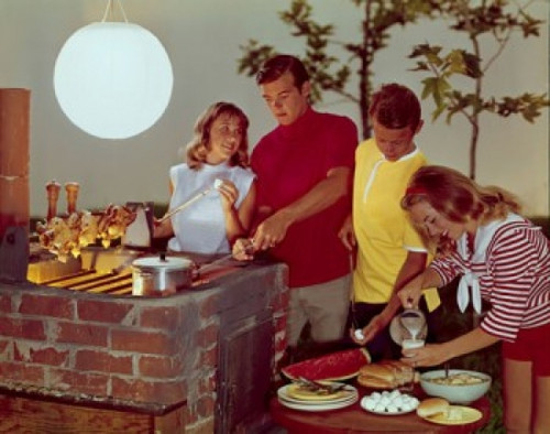 Two teenage couples preparing food on a barbecue grill Poster Print - Item # VARSAL3811361680