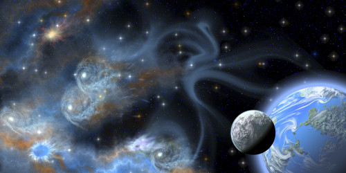 An Earth-like planet and its moon hover near a blue nebula with twin galaxies near its center Poster Print - Item # VARPSTCFR100282S