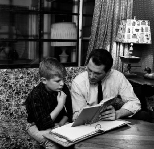 Father and son doing homework in living room Poster Print - Item # VARSAL255416385