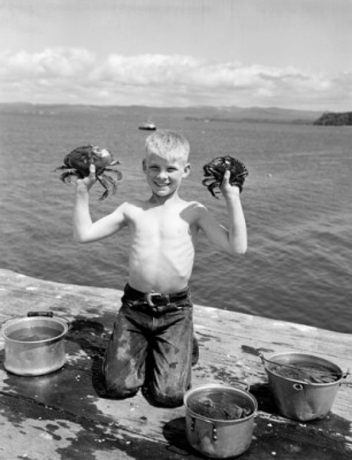 Smiling boy holding crabs on seaside Poster Print - Item # VARSAL255419385
