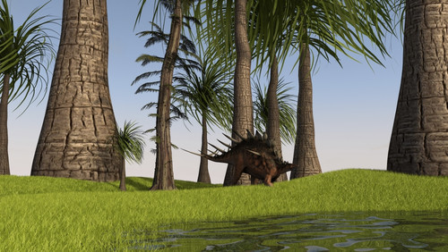 Kentrosaurus walking along a nearby swamp Poster Print
