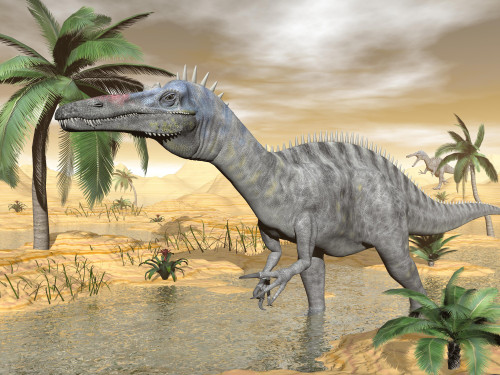 Suchomimus dinosaur walking in the water in desert landscape Poster Print - Item # VARPSTEDV600130P