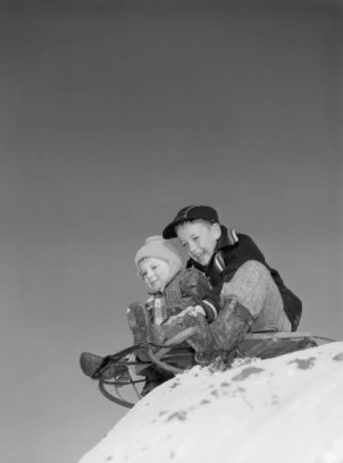 Two boys sitting on sled Poster Print