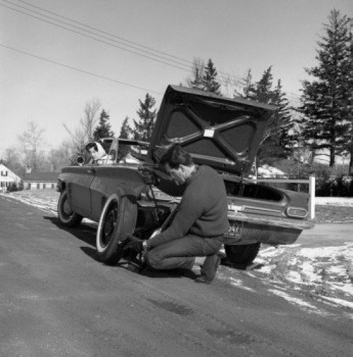 Man repairing car wheel on  road Poster Print - Item # VARSAL255416389