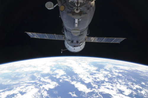 September 16, 2011 - A docked Russian Soyuz spacecraft backdropped by Earth's horizon and the blackness of space Poster Print - Item # VARPSTSTK204563S