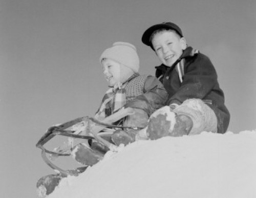 Pair of children sledging in winter scenery Poster Print - Item # VARSAL25515403