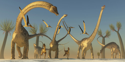 Dilophosaurus and pterosaurs join a Diplodocus dinosaur herd on their search for food Poster Print - Item # VARPSTCFR200275P