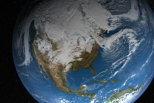 Ful Earth showing simulated clouds over North America. The lighting of this scene is completely artistic and not scientifically accurate. Poster Print