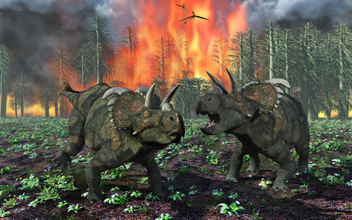 A pair of Albertaceratops running away from a forest fire Poster Print