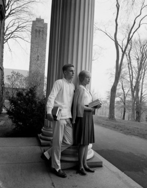 Two student leaning against column at university Poster Print - Item # VARSAL255416253