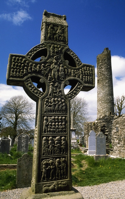 Monasterboice, Co Louth, Ireland; High Cross With Round Tower In The Distance PosterPrint - Item # VARDPI1807501