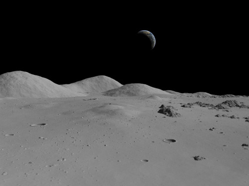 Artist's concept of a view across the surface of the Moon towards Earth in the distance Poster Print - Item # VARPSTWMY100046S