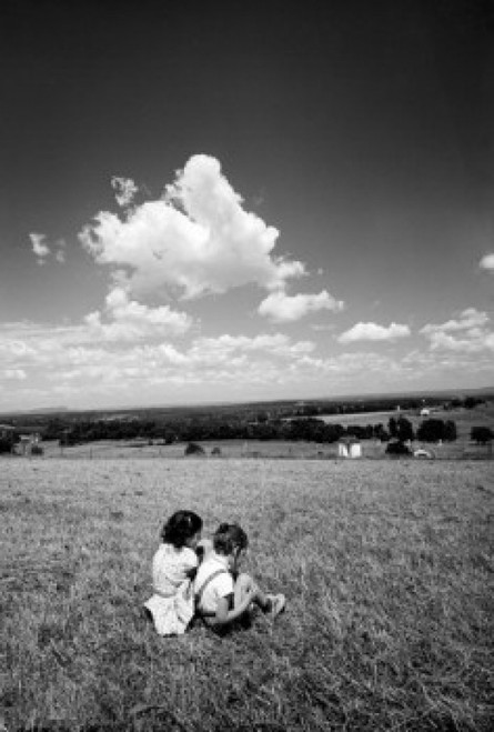 Brother and sister sitting on pasture  high angle view Poster Print - Item # VARSAL255424561