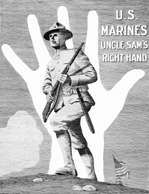 Vintage World War One poster showing a Marine soldier charging a hill, through the outline of a right hand. It reads, U.S. Marines, Uncle Sam's Right Hand. Poster Print - Item # VARPSTJPA100710M