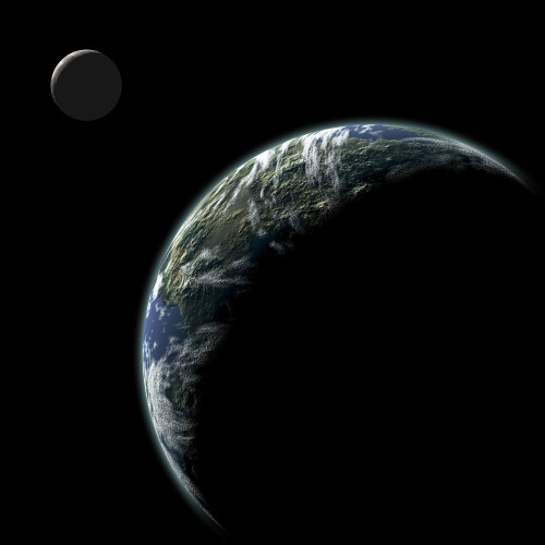 An artist's depiction of an Earth-like planet in deep space with an orbiting moon illuminated by a nearby sun Poster Print - Item # VARPSTMRC200041S