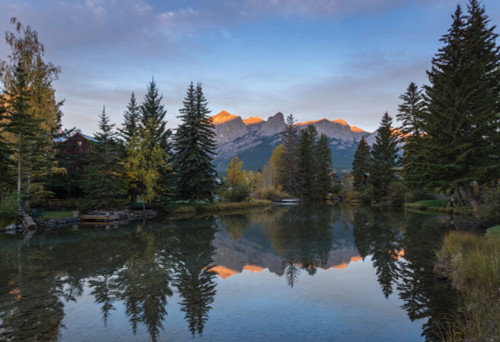 View of the Spring Creek Pond at sunset, Mount Rundle, Canmore, Alberta, Canada Poster Print - Item # VARPPI166959