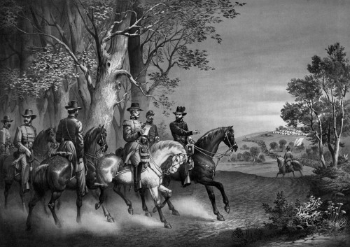 Vintage Civil War print showing the meeting of Generals Robert E. Lee and Ulysses S. Grant, planning the official surrender of Lee's Army Poster Print - Item # VARPSTJPA101174M