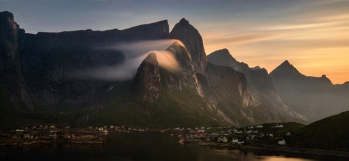 Reine village with mountains at sunset, Lofoten, Nordland, Norway Poster Print - Item # VARPPI169401