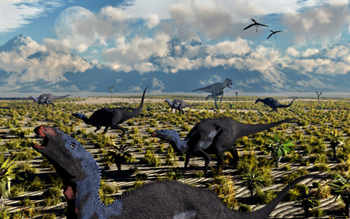 A lone Allosaurus attacking a herd of herbivorous Camptosaurus dinosaurs Poster Print - Item # VARPSTMAS100590P