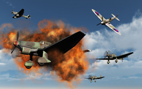 A Royal Air Force Supermarine Spitfire fighter aircraft attacking German Stuka dive bombers during the Battle of Britain Poster Print - Item # VARPSTMAS100707M