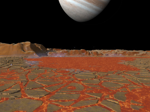 Artist's concept of a view across a pool of lava on the surface of Io, towards Jupiter Poster Print - Item # VARPSTWMY100031S