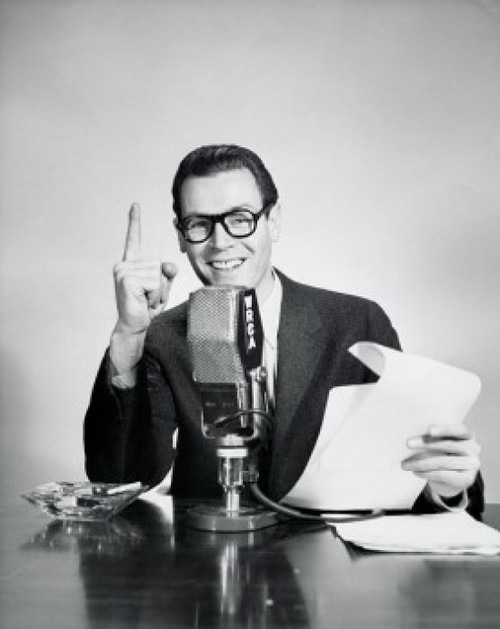 Portrait of a reporter speaking into a microphone in a radio broadcast studio Poster Print - Item # VARSAL2554486A