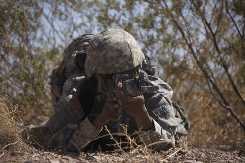 U.S. Soldier conducts a combat training scenario at the Playas Training Area, New Mexico, during exercise Angel Thunder 2013. Poster Print - Item # VARPSTTMO101023M