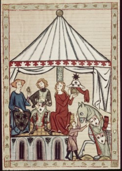Manesse Codex: Knight Receives Ring from His Lady   1305-1340  Artist Unknown  Illuminated manuscript  Heidelberg University Llibrary  Germany Poster Print - Item # VARSAL900108222