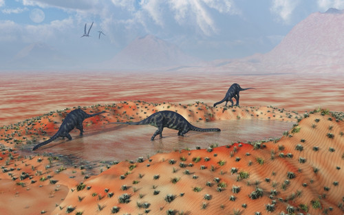 A family of Massospondylus at a watering hole Poster Print