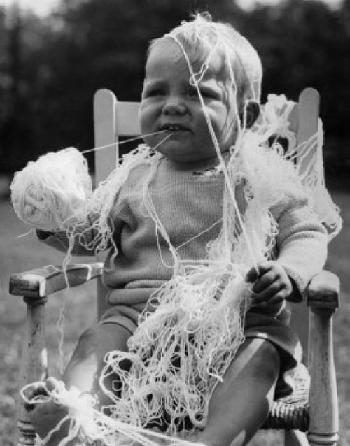 Baby boy covering by wool and holding ball of wool Poster Print - Item # VARSAL990359102