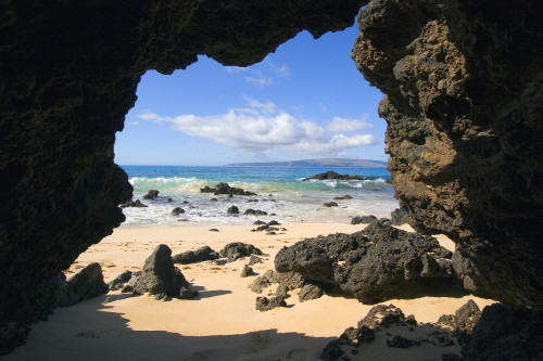 Hawaii, Maui, Makena, View From Secret Beach Of Kahoolawe Framed By Lava Tube. PosterPrint - Item # VARDPI1992304