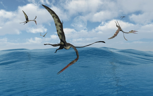 A flock of Quetzalcoatlus fishing Poster Print