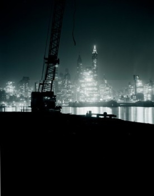 USA  New York  Manhattan skyline at night with silhouette of crane Poster Print - Item # VARSAL255416192