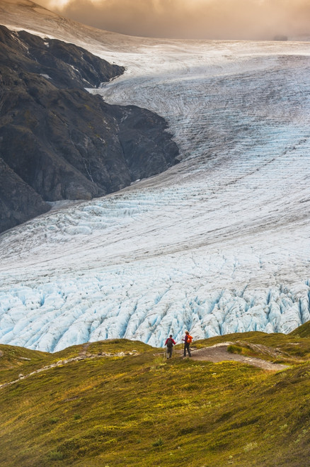 A man and woman hiking down the Harding Icefield Trail with Exit Glacier in the background, Kenai Fjords National Park, Kenai Penninsula, Southcentral Alaska PosterPrint - Item # VARDPI12256386