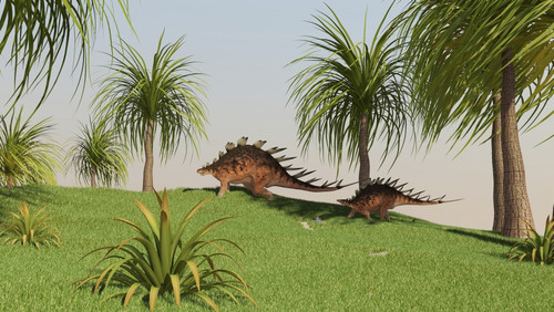 Two Kentrosaurus dinosaurs walking across an open field Poster Print - Item # VARPSTKVA600284P
