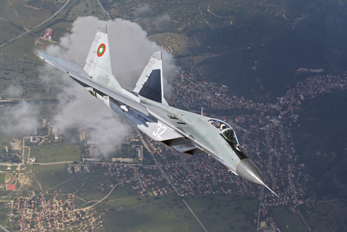 A Bulgarian Air Force MiG-29s during a training mission over Graf Ignatievo Air Base, Bulgaria Poster Print - Item # VARPSTDFC100105M