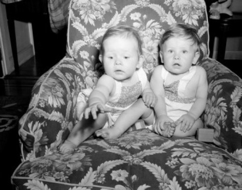 Two baby girls sitting on armchair Poster Print - Item # VARSAL2559578A