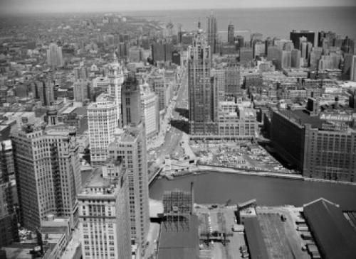 Aerial view of skyscrapers in a city  Chicago River  Chicago  Illinois  USA Poster Print