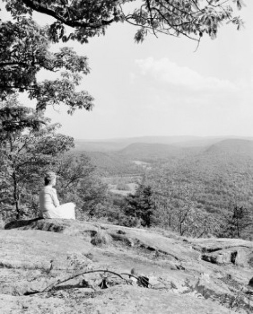 USA  Connecticut  Farmington Valley  woman sitting on rock and looking at view Poster Print - Item # VARSAL255424503